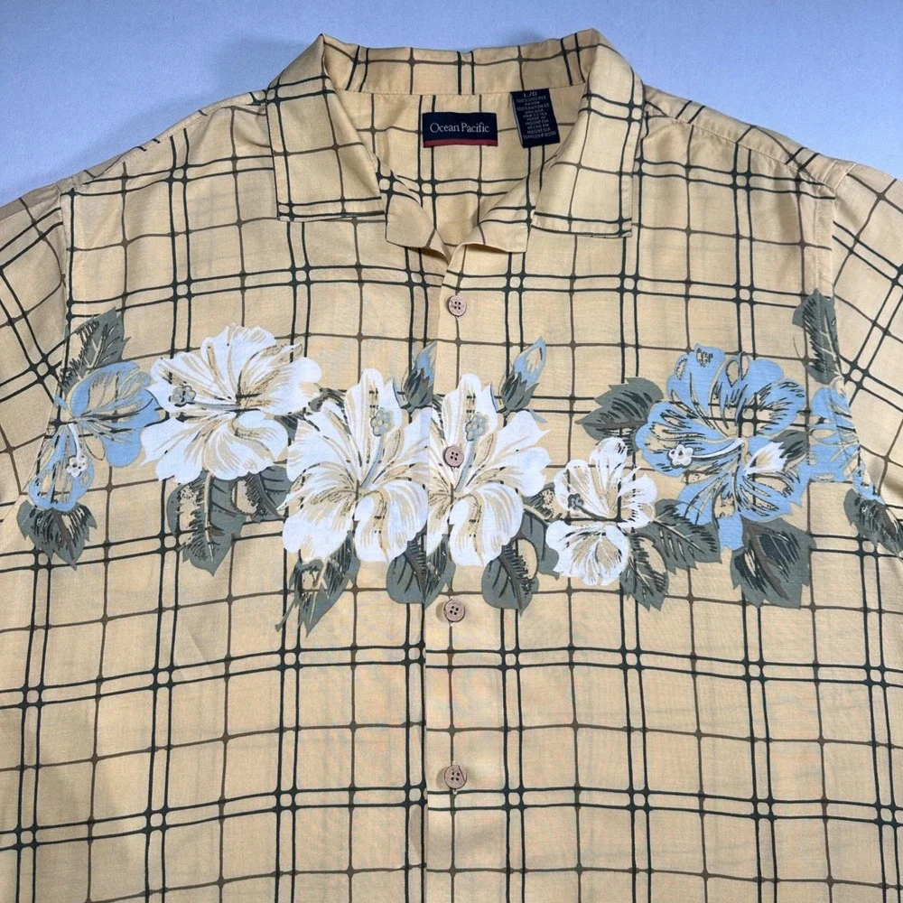 Y2K‎ Ocean Pacific Hawaiian Shirt Mens Large Yellow Rayon Floral Plaid Surf Camp
